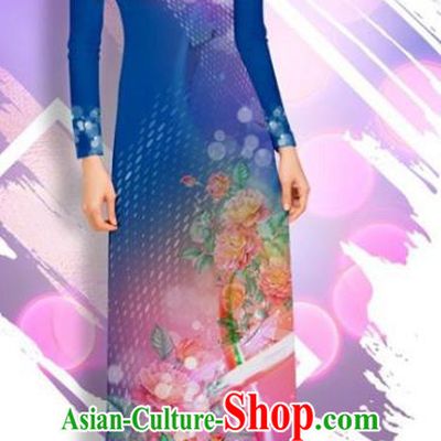 Asian Vietnam Printing Peony Cheongsam and Pants Traditional Vietnamese Female Costumes Classical Deep Blue Ao Dai Qipao Dress