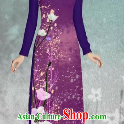 Asian Vietnam Printing Flowers Purple Cheongsam and Pants Traditional Vietnamese Costumes Classical Female Ao Dai Qipao Dress