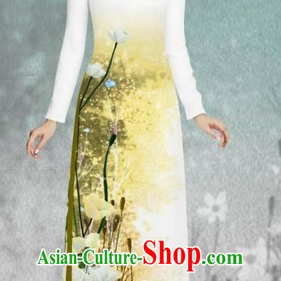 Asian Vietnam Printing Flowers White Cheongsam and Pants Traditional Vietnamese Costumes Classical Female Ao Dai Qipao Dress