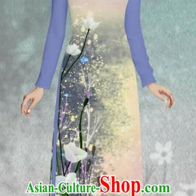 Asian Vietnam Printing Flowers Lilac Cheongsam and Pants Traditional Vietnamese Costumes Classical Female Ao Dai Qipao Dress