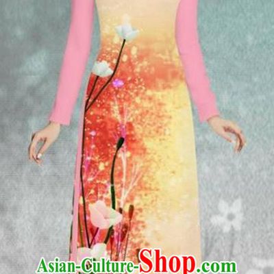 Asian Vietnam Printing Flowers Pink Cheongsam and Pants Traditional Vietnamese Costumes Classical Female Ao Dai Qipao Dress