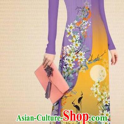 Asian Vietnam Classical Printing Crane Flowers Lilac Cheongsam Traditional Vietnamese Costumes Women Ao Dai Qipao Dress and Pants
