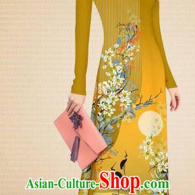 Asian Vietnam Classical Printing Crane Flowers Ginger Cheongsam Traditional Vietnamese Costumes Women Ao Dai Qipao Dress and Pants