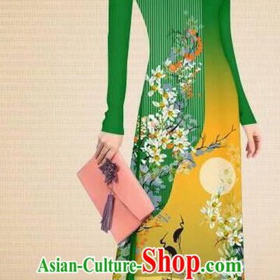 Asian Vietnam Classical Printing Crane Flowers Green Cheongsam Traditional Vietnamese Costumes Women Ao Dai Qipao Dress and Pants