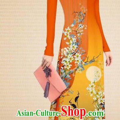 Asian Vietnam Classical Printing Crane Flowers Orange Cheongsam Traditional Vietnamese Costumes Women Ao Dai Qipao Dress and Pants