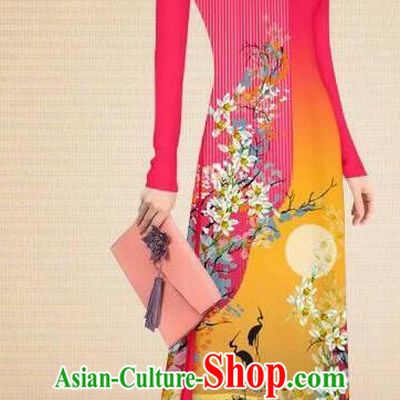 Asian Vietnam Classical Printing Crane Flowers Rosy Cheongsam Traditional Vietnamese Costumes Women Ao Dai Qipao Dress and Pants