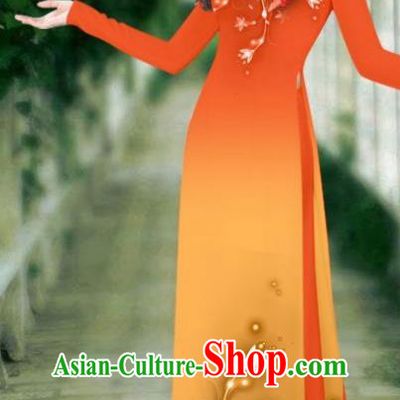 Asian Vietnam Classical Cheongsam Traditional Vietnamese Costumes Women Printing Orange Ao Dai Qipao Dress and Pants