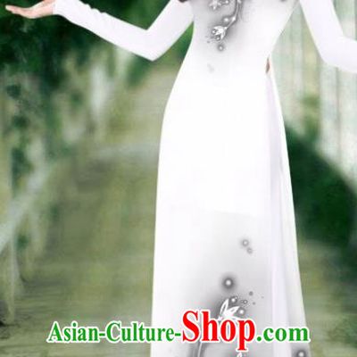 Asian Vietnam Classical Cheongsam Traditional Vietnamese Costumes Women Printing White Ao Dai Qipao Dress and Pants