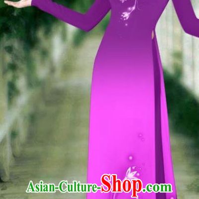 Asian Vietnam Classical Cheongsam Traditional Vietnamese Costumes Women Printing Purple Ao Dai Qipao Dress and Pants