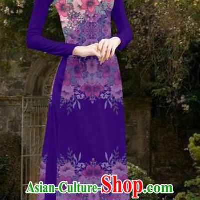 Asian Vietnam Women Cheongsam Costumes Traditional Vietnamese Classical Printing Flowers Purple Ao Dai Qipao Dress and Loose Pants