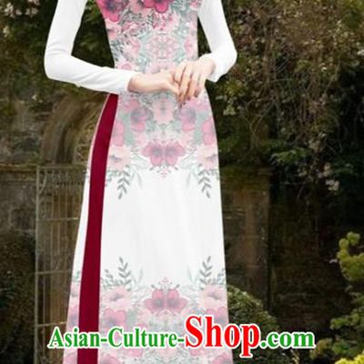 Asian Vietnam Women Cheongsam Costumes Traditional Vietnamese Classical Printing Flowers White Ao Dai Qipao Dress and Loose Pants
