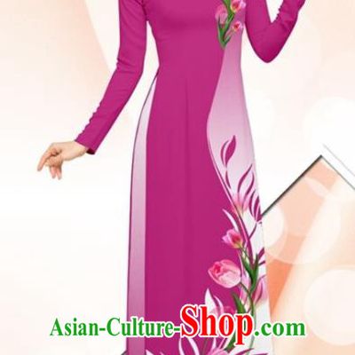 Asian Traditional Vietnamese Classical Printing Tulip Rosy Ao Dai Qipao Dress and Loose Pants Vietnam Women Cheongsam Costumes