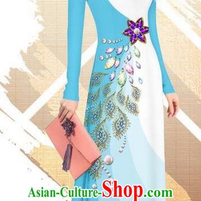 Traditional Vietnamese Classical Light Blue Ao Dai Qipao Dress and Loose Pants Asian Vietnam Women Cheongsam Costumes