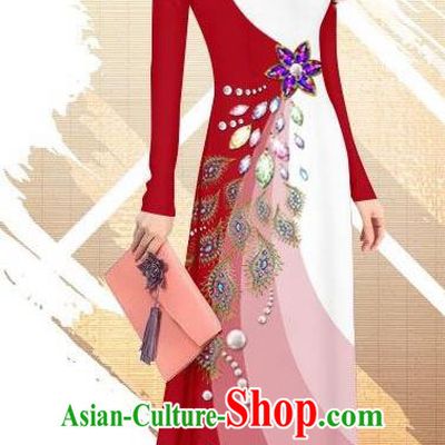 Traditional Vietnamese Classical Red Ao Dai Qipao Dress and Loose Pants Asian Vietnam Women Cheongsam Costumes