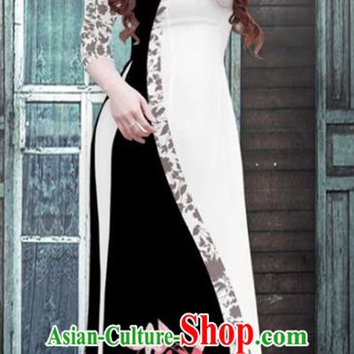 Traditional Vietnamese Printing White Ao Dai Qipao Dress and Pants Asian Vietnam Cheongsam Classical Costumes