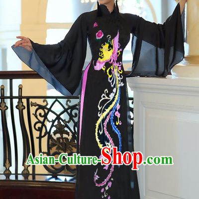 Traditional Vietnamese Colorful Phoenix Pattern Black Ao Dai Qipao Dress and Pants Asian Vietnam Cheongsam Classical Court Costumes