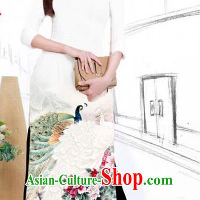 Traditional Vietnamese Printing Peacock Peony White Ao Dai Qipao Dress and Pants Asian Vietnam Classical Cheongsam Women Costumes