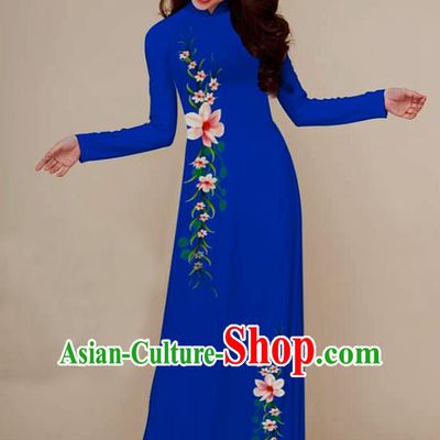Traditional Vietnamese Hand Painting Royalblue Ao Dai Qipao Dress and Pants Asian Vietnam Classical Cheongsam Female Costumes