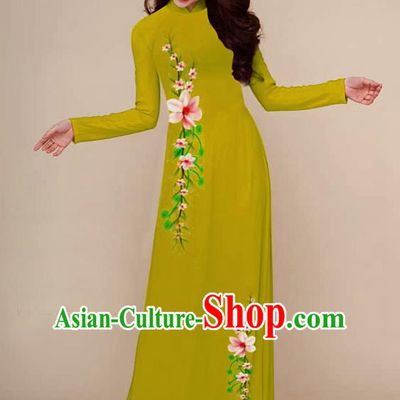 Traditional Vietnamese Hand Painting Ginger Ao Dai Qipao Dress and Pants Asian Vietnam Classical Cheongsam Female Costumes