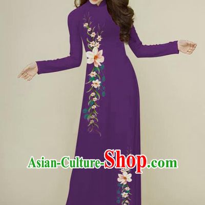 Traditional Vietnamese Hand Painting Purple Ao Dai Qipao Dress and Pants Asian Vietnam Classical Cheongsam Female Costumes