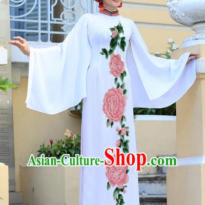 Traditional Vietnamese Printing Peony Ao Dai Qipao Dress and Pants Asian Vietnam Classical Court White Cheongsam Costumes