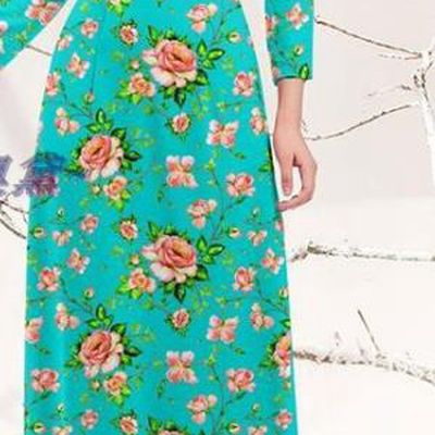 Traditional Vietnamese Printing Rose Lake Blue Ao Dai Qipao Dress and Pants Asian Vietnam Stage Show Cheongsam Costumes
