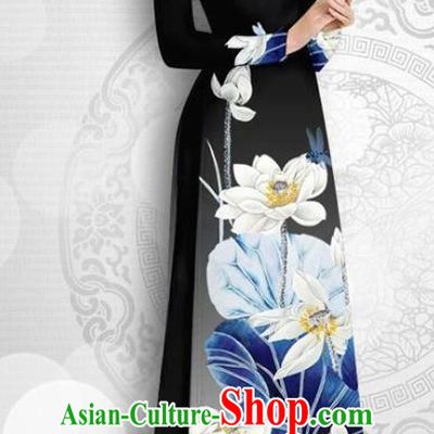 Asian Vietnam Court Female Classical Cheongsam Traditional Vietnamese Costumes Printing Lotus Black Ao Dai Qipao Dress and Loose Pants