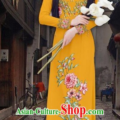 Asian Vietnam Court Classical Cheongsam Traditional Vietnamese Printing Peony Yellow Ao Dai Qipao Dress and Loose Pants Women Costumes