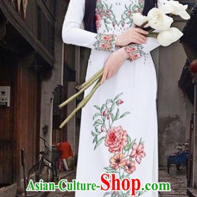 Asian Vietnam Court Classical Cheongsam Traditional Vietnamese Printing Peony White Ao Dai Qipao Dress and Loose Pants Women Costumes