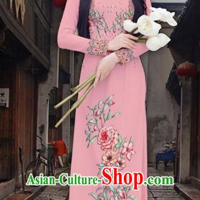 Asian Vietnam Court Classical Cheongsam Traditional Vietnamese Printing Peony Pink Ao Dai Qipao Dress and Loose Pants Women Costumes