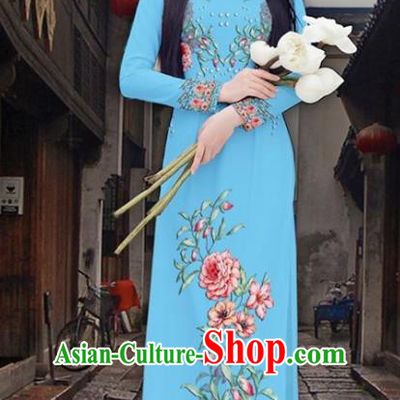Asian Vietnam Court Classical Cheongsam Traditional Vietnamese Printing Peony Blue Ao Dai Qipao Dress and Loose Pants Women Costumes
