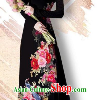 Asian Vietnam Classical Court Cheongsam Traditional Vietnamese Printing Peony Bird Black Ao Dai Qipao Dress and Loose Pants Women Costumes