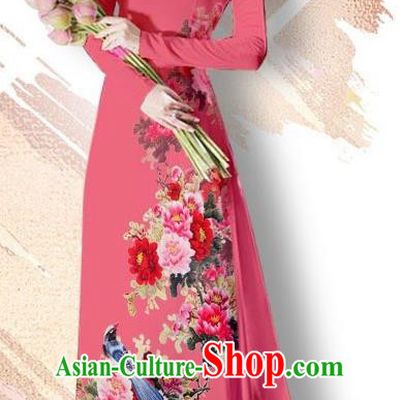 Asian Vietnam Classical Court Cheongsam Traditional Vietnamese Printing Peony Bird Pink Ao Dai Qipao Dress and Loose Pants Women Costumes