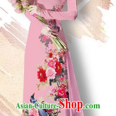 Asian Vietnam Classical Court Cheongsam Traditional Vietnamese Printing Peony Bird Lilac Ao Dai Qipao Dress and Loose Pants Women Costumes