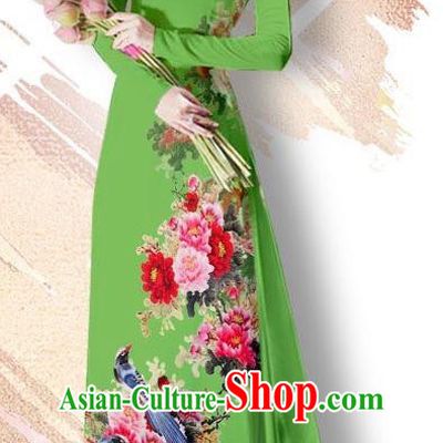 Asian Vietnam Classical Court Cheongsam Traditional Vietnamese Printing Peony Bird Green Ao Dai Qipao Dress and Loose Pants Women Costumes