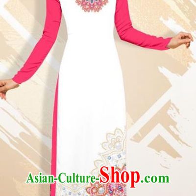 Asian Vietnam Classical Court Female Cheongsam Costumes Traditional Vietnamese Rosy Ao Dai Qipao Dress and Loose Pants