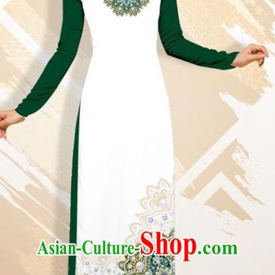 Asian Vietnam Classical Court Female Cheongsam Costumes Traditional Vietnamese Deep Green Ao Dai Qipao Dress and Loose Pants