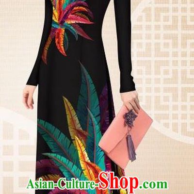 Asian Vietnam Female Classical Black Cheongsam Costumes Traditional Vietnamese Printing Petard Pattern Ao Dai Qipao Dress and Loose Pants