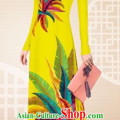 Asian Vietnam Female Classical Yellow Cheongsam Costumes Traditional Vietnamese Printing Petard Pattern Ao Dai Qipao Dress and Loose Pants