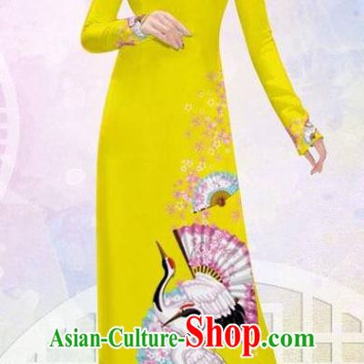 Asian Vietnam Printing Crane Yellow Cheongsam Costumes Traditional Vietnamese Classical Ao Dai Qipao Dress and Loose Pants