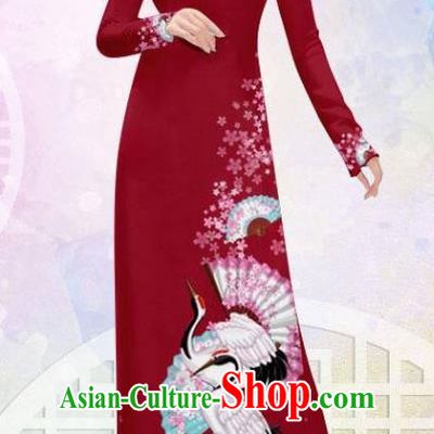 Asian Vietnam Printing Crane Wine Red Cheongsam Costumes Traditional Vietnamese Classical Ao Dai Qipao Dress and Loose Pants