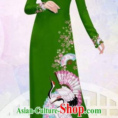 Asian Vietnam Printing Crane Green Cheongsam Costumes Traditional Vietnamese Classical Ao Dai Qipao Dress and Loose Pants