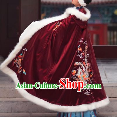 Chinese Ming Dynasty Countess Historical Costumes Traditional Ancient Noble Women Hanfu Apparels Embroidered Wine Red Wool Cape