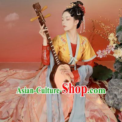 Chinese Ancient Tang Dynasty Palace Lady Historical Costumes Traditional Hanfu Apparels Embroidered Top Blouse and Skirt Complete Set