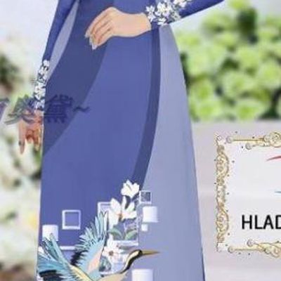 Traditional Vietnamese Printing Magnolia Crane Blue Ao Dai Qipao Dress and Pants Asian Vietnam Stage Show Cheongsam Costumes
