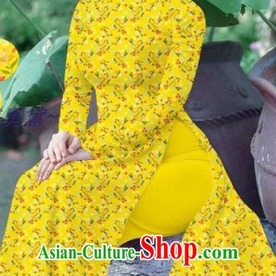 Traditional Custom Vietnamese Yellow Ao Dai Qipao Dress and Pants Asian Vietnam Stage Show Cheongsam Female Costumes
