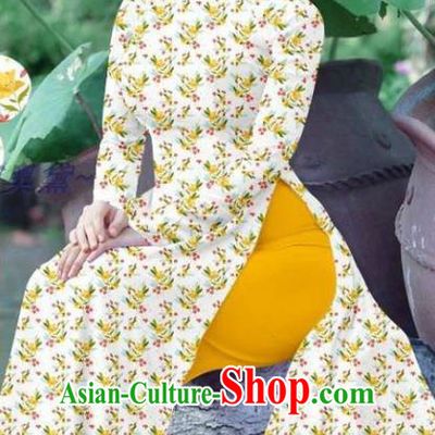 Vietnamese Custom White Qipao Traditional Ao Dai Dress and Pants Asian Vietnam Cheongsam Women Uniforms Costume