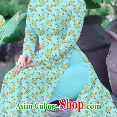 Vietnamese Custom Ao Dai Dress Traditional Female Qipao and Pants Asian Vietnam Cheongsam Light Blue Uniforms Costume