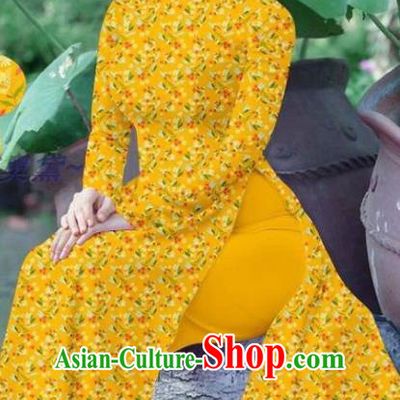 Vietnamese Women Yellow Qipao and Pants Uniforms Traditional Ao Dai Dress Asian Vietnam Custom Cheongsam Costume