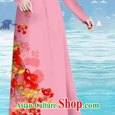 Asian Vietnamese Printing Cockscomb Pattern Pink Cheongsam Custom Qipao and Pants Uniforms Vietnam Traditional Female Ao Dai Dress Costume